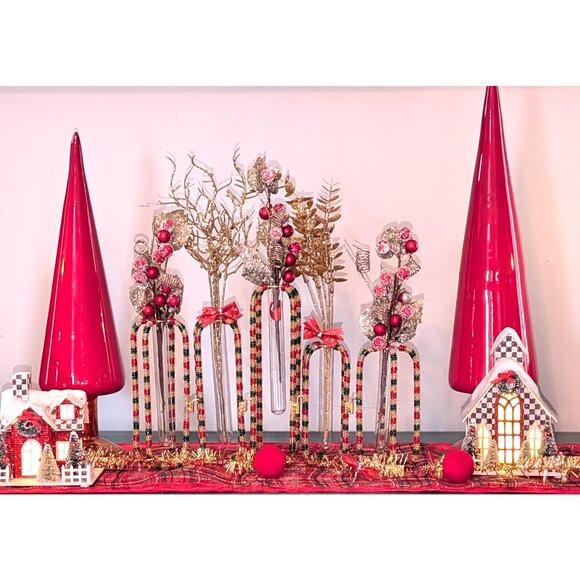 Set of 5 MacKenzie Childs Interlocking Red Green Gold Bud Vases - Picture 3 of 3